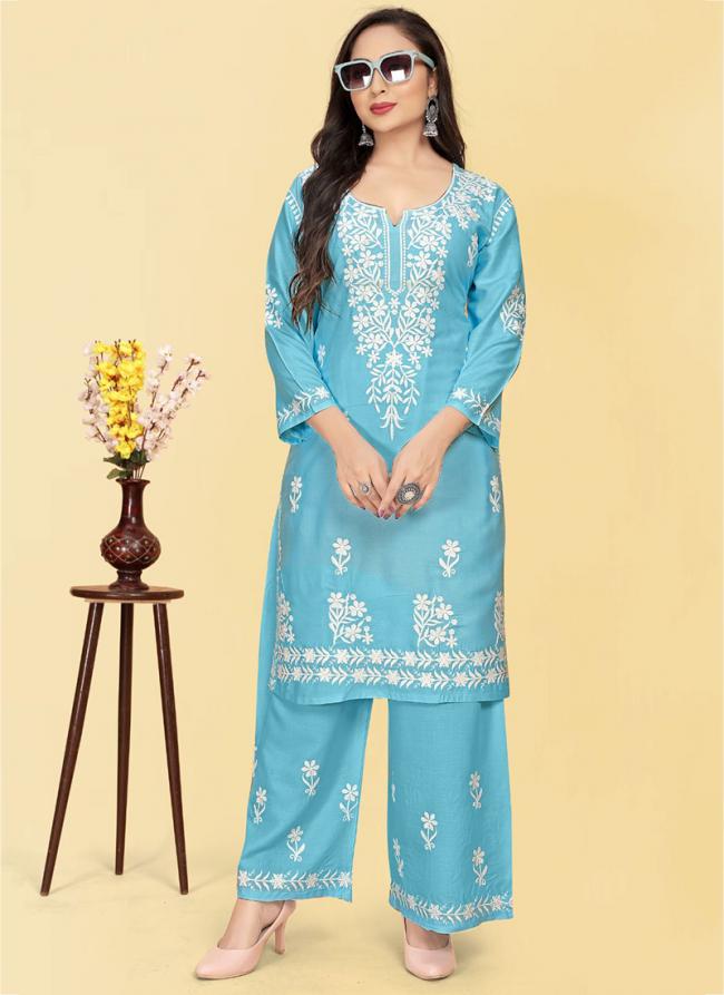 Rayon Sky Blue Traditional Wear Chikankari Work Readymade Kurti With Plazzo